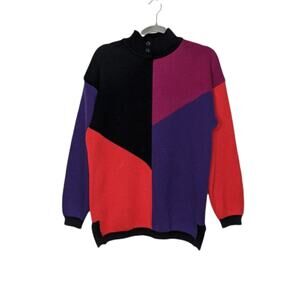 Vintage Sweater 80s Style Colorblock VTG Pullover  Black Pink Red